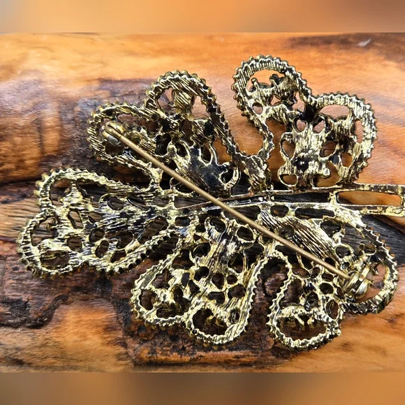 Leaf Brooch Antiqued Gold Tone Brown & Lt Orange Rhinestones 2" X 2.75" 🍁 - Picture 2 of 4